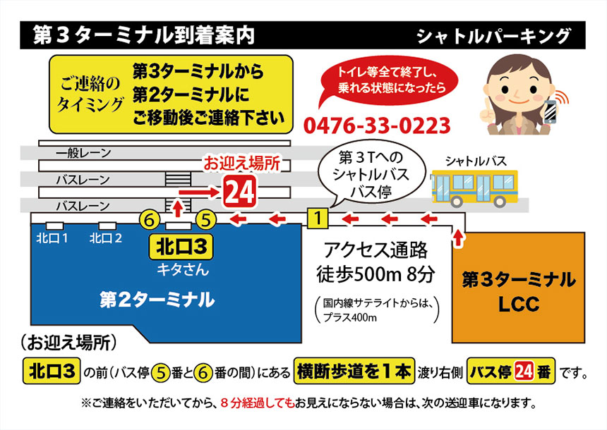 【成田空港第3ターミナルに到着した場合】第2ターミナルまで移動し、「北口3」の出口を出て、横断歩道を1本渡たりバス停24番